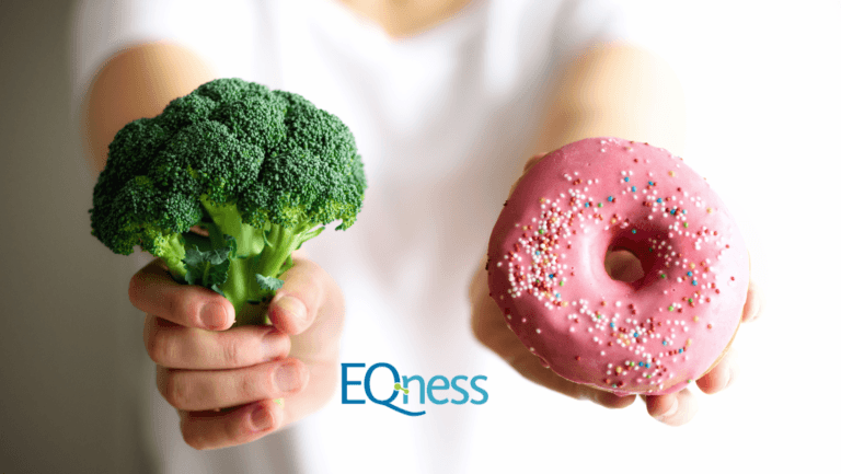A person holding out a choice between a donut and broccoli in each hand, symbolizing the daily decisions we face between indulgence and healthy eating, a key aspect of willpower and self-control."