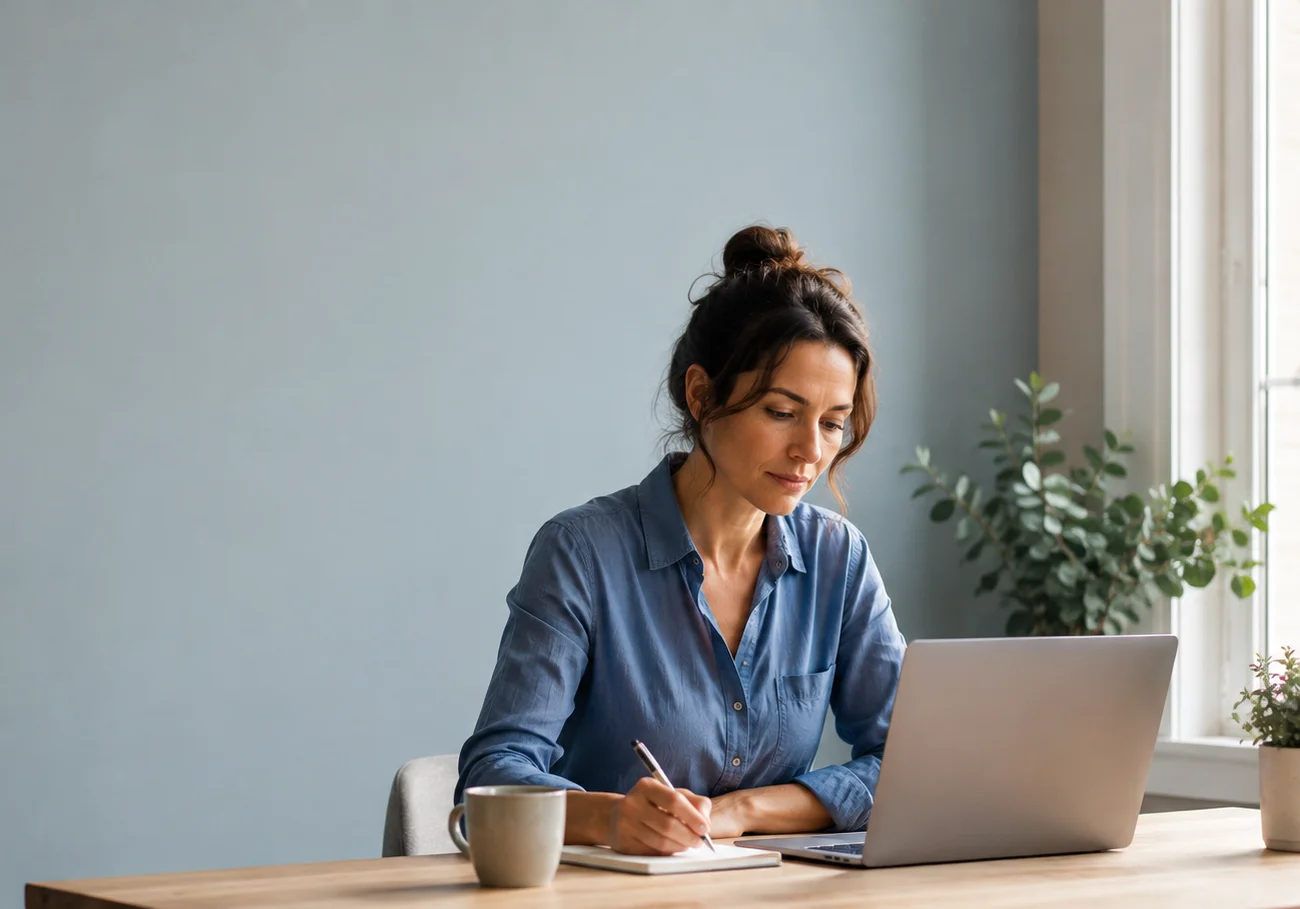 Woman working calmly and mindfully at her desk with a laptop and notebook