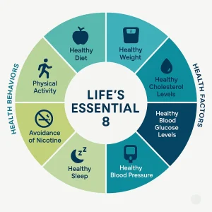 Infographic showing the American Heart Association’s Life’s Essential 8 framework for heart health: healthy diet, physical activity, avoiding nicotine, healthy sleep, healthy weight, cholesterol, blood glucose, and blood pressure.