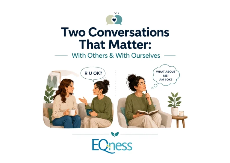 A minimalist mental health awareness graphic on a white background featuring the title &ldquo;Two Conversations That Matter: With Others & With Ourselves.&rdquo; On the left, one woman asks another &ldquo;R U OK?&rdquo; while sitting together and talking. On the right, the same woman sits alone reflecting with the thought bubble &ldquo;What about me: Am I OK?&rdquo; The EQness logo appears at the bottom in teal and blue tones.