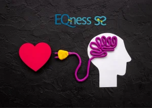 Illustration of a red heart connected by a cord to a brain inside a head silhouette, symbolising the connection between stress, brain, and cardiovascular health. EQness logo displayed above.