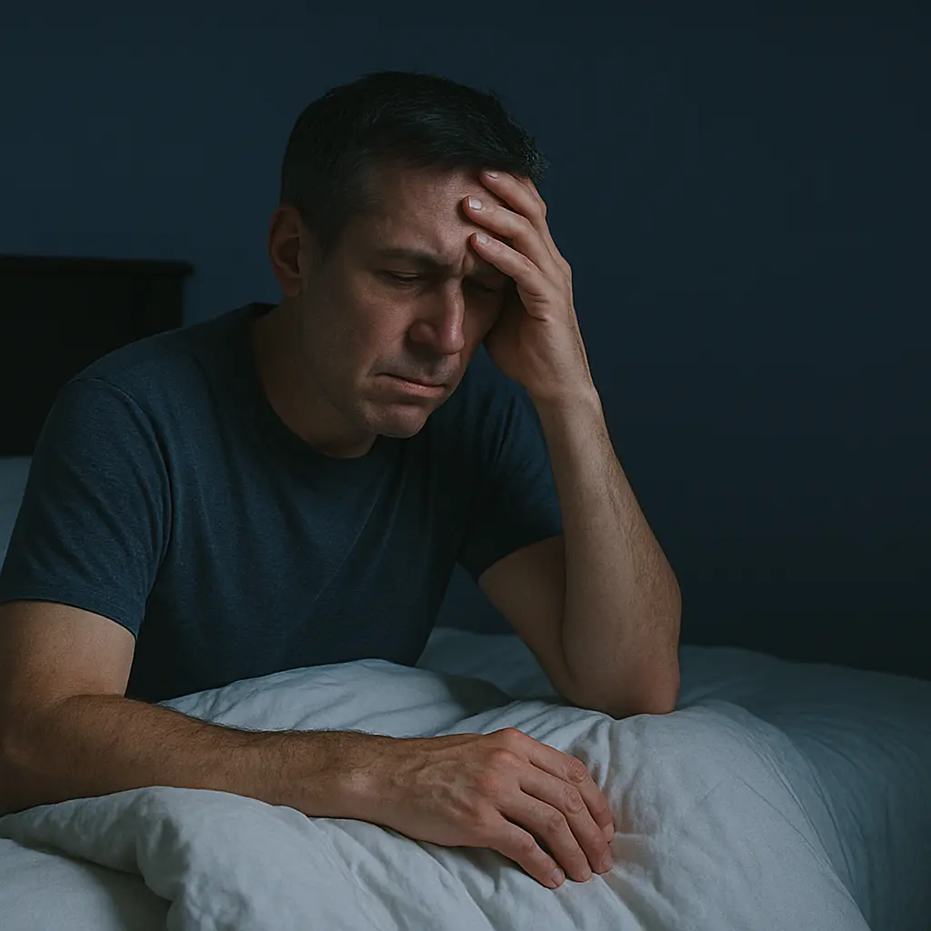 Middle-aged man sitting awake in bed at night, resting his head in his hand, looking worried and exhausted — representing the struggle of insomnia.