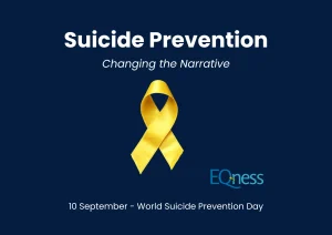 World Suicide Prevention Day 2025 awareness graphic with yellow ribbon and the theme Changing the Narrative on Suicide, created by EQness.