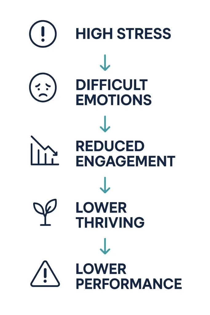 Diagram showing the downward cycle from high stress to difficult emotions, reduced engagement, lower thriving, and lower performance