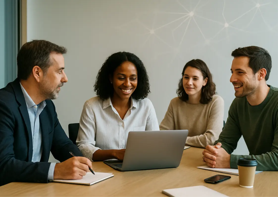 A diverse team in a workplace meeting, smiling and collaborating around a laptop.
